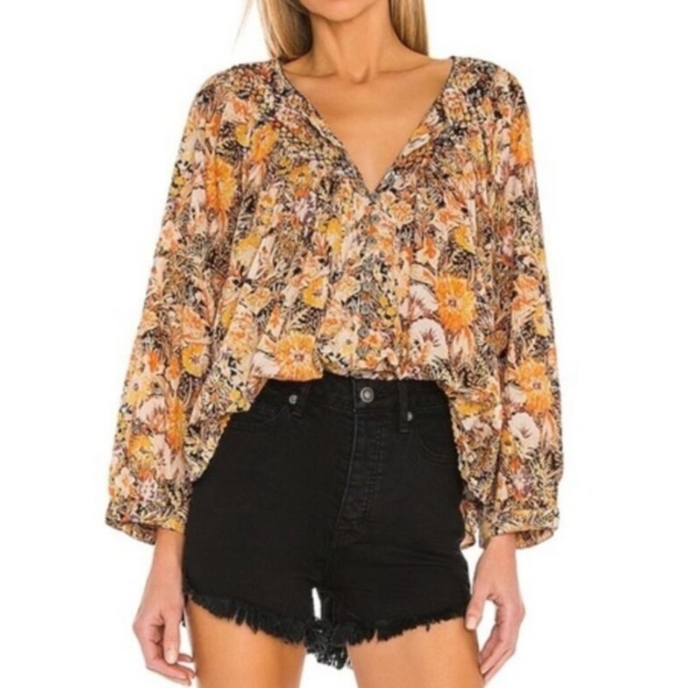 We The Free Floral V-Neck Balloon Sleeve Top - Mustard Multi